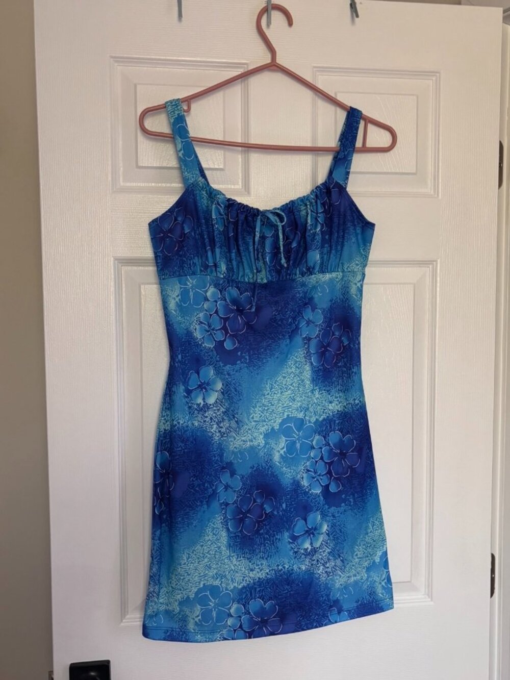 Y2K Blue Hawaiian Floral Mini Dress | Tropical Bodycon | 2000s Beachy Dress